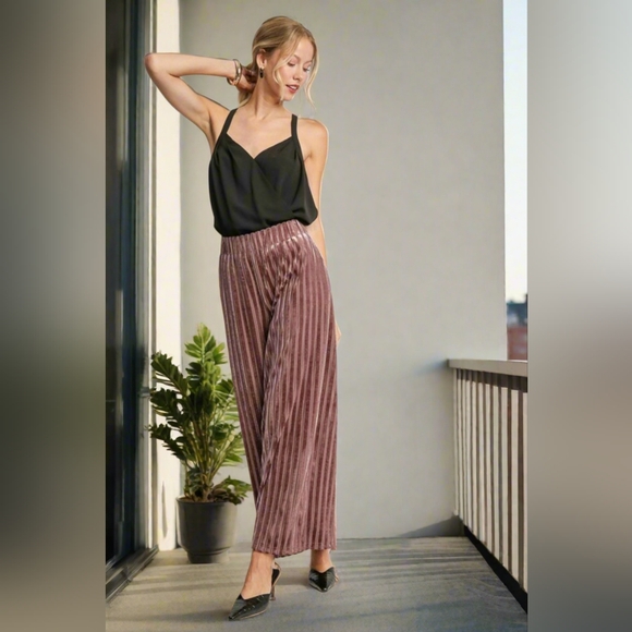Umgee Velvet High-Rise Retro Pants Wide Leg Boho Metallic Stripe Elastic Waist - Picture 2 of 12